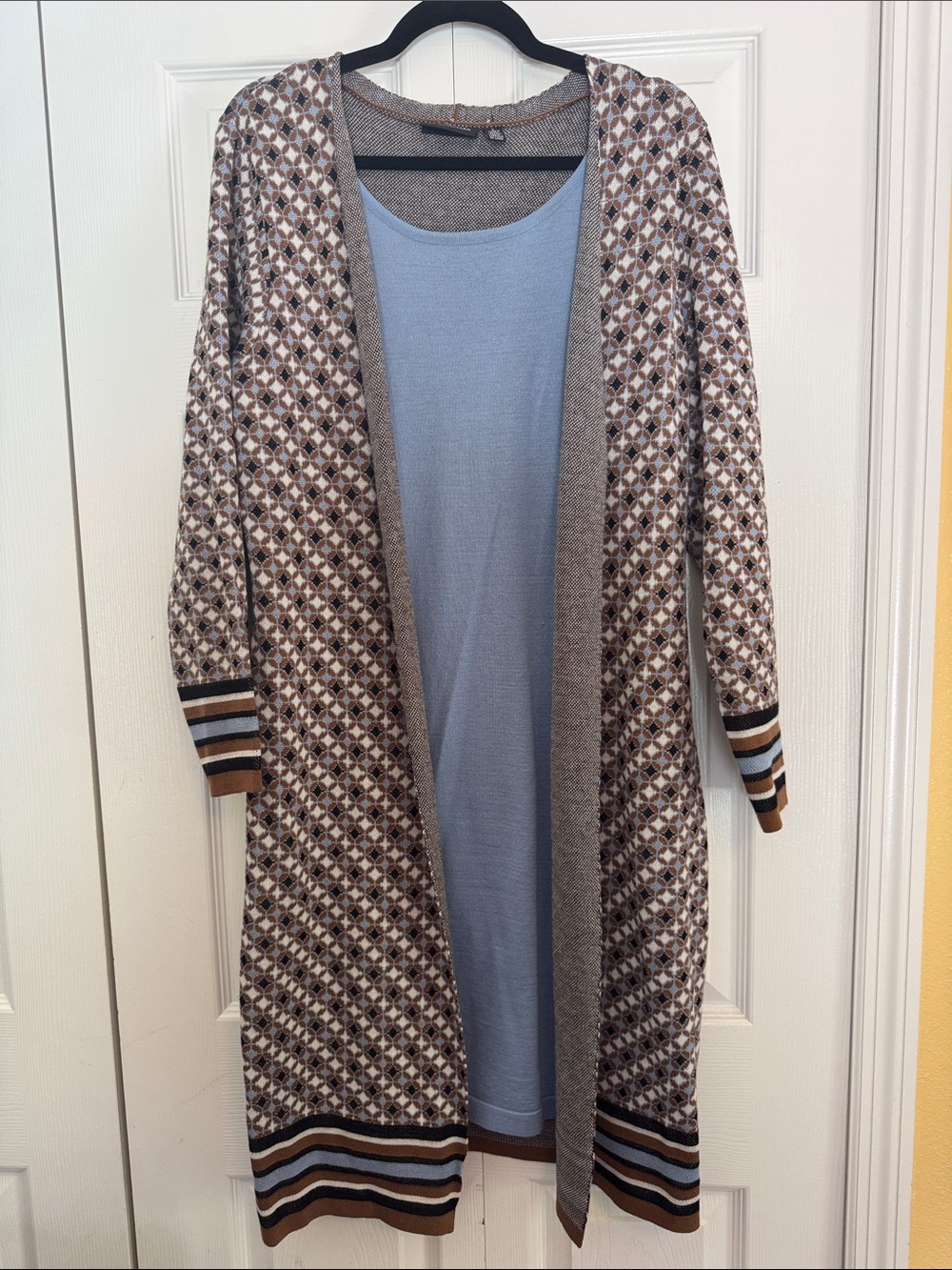 Nina Leonard Blue Dress with Brown light blue Patterned Long attached Cardigan